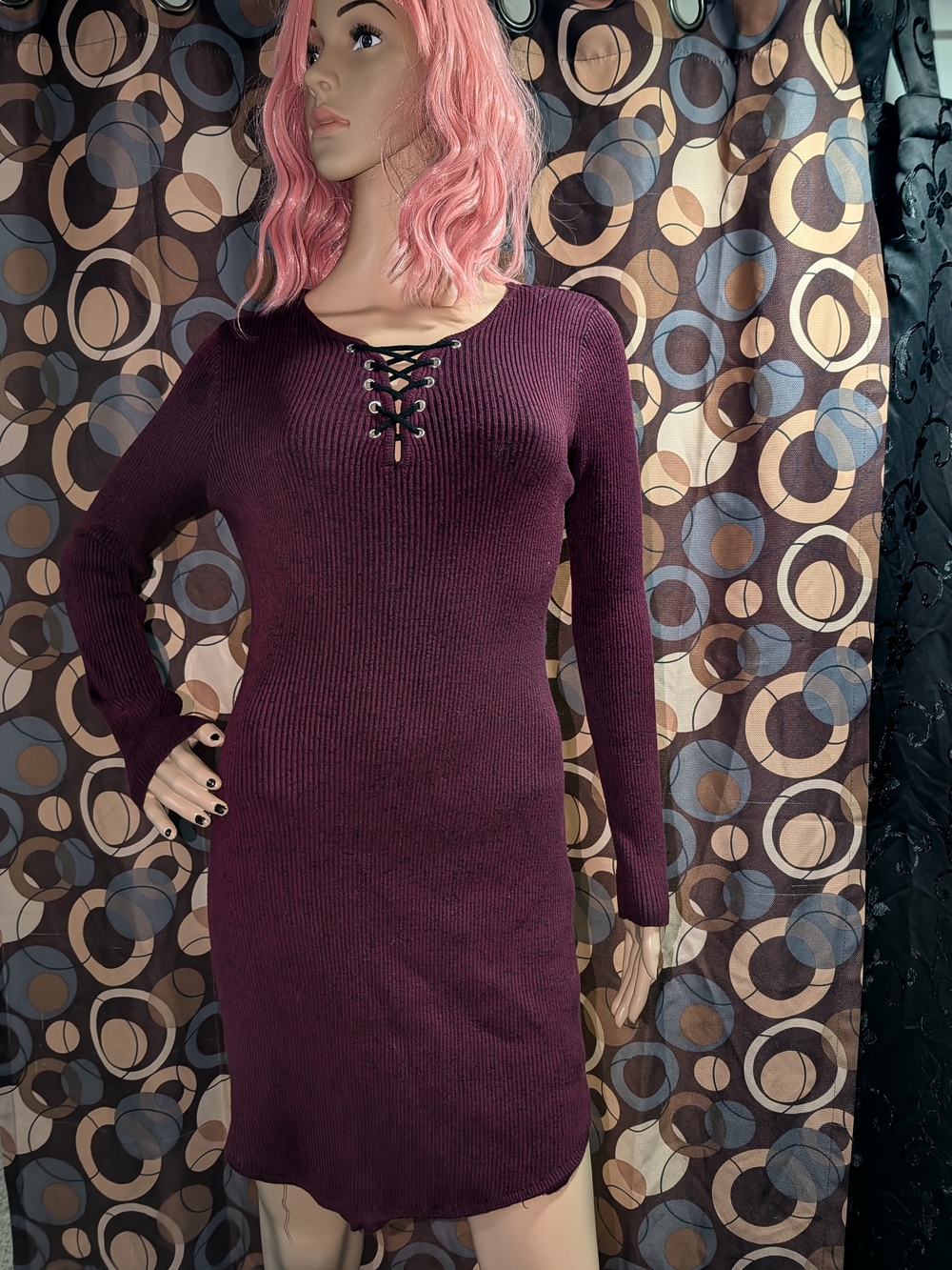 No Boundaries Plum Lace-Up Ribbed Sweater Dress